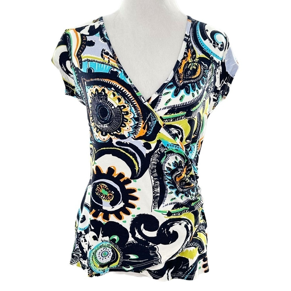 Long Elegant Legs womens top size S multicolored paisley tropical v-neck